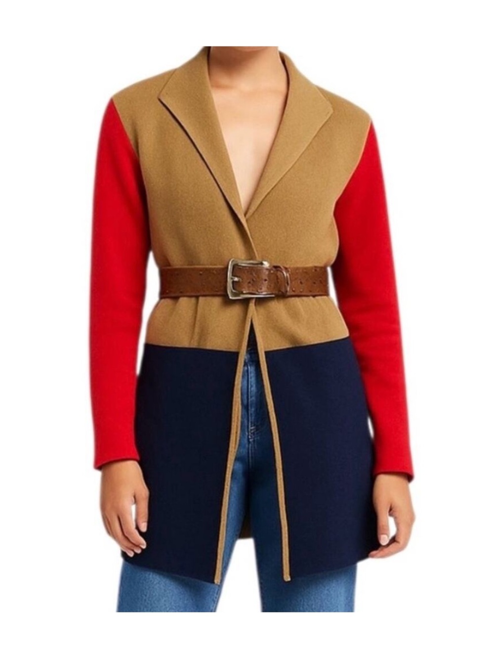 Jcrew preppy americanaColorblock OpenFront Sweater Cardigan in Camel, Red & Navy